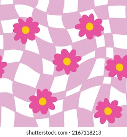 Pink And White Groovy Wavy Melted Psychedelic Checkerboard With Small Daisy Flower Doodle. Y2K 90s Seamless Pattern Vector Background. Retro Hippie Trippy Optical Repeat Texture.