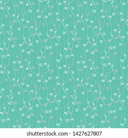 Pink and white hand drawn looping doodle line design. Seamless irregular vector pattern on light bright blue background. Great for wellness, beauty, food products, packaging, stationery, giftwrap