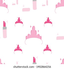 Pink and white Hand drawn seamless vector pattern for little princess with tiara crowns and lipstick. Background for textile, fabric, card and wrapping paper. Girl print.