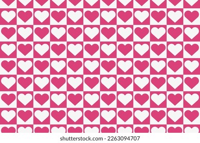 Pink and white heart chess box grid pattern vector. Cute love hearts wallpaper design. Valentine's day special print for fabric, paper, card, gift wrapping and stationery.