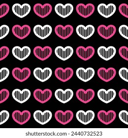 Pink and white heart seamless pattern on black background
