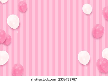 Pink and white helium balloon flying on striped background with copy space.