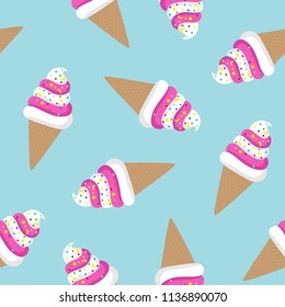 pink and white ice cream cone twisted on a blue background sprinkled with colorful candy moon star waffle pattern seamless vector.