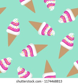 pink and white ice cream cone twisted on a turquoise background sprinkled with colorful candy moon star waffle pattern seamless vector.