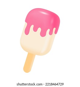 Pink and white ice cream on stick 3D icon. Three-dimensional frozen treat with sweet pink frosting vector illustration on white background. Summer, food or snacks, desserts concept