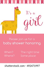 Pink and white invitation for girl baby shower honoring with template text - to be replaced with your info, with cute yellow female dinosaur and text It's a girl