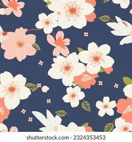 Pink and White Japanese Cherry Blossoms Sakura Kimono Yukata Seamless Pattern Wallpaper Navy Blue Background