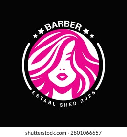 A pink and white logo of a woman's face with long hair and the word 'barber' above it, on a black background.
