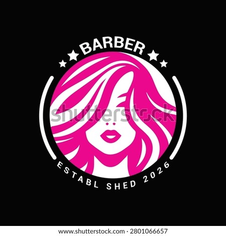 A pink and white logo of a woman's face with long hair and the word 'barber' above it, on a black background.