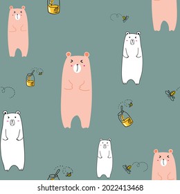 Pink and white long bear Decorated with yellow honey jars and bees flying around. on a pastel green background.