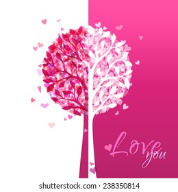 Pink and white love tree. Various hearts on tree. Valentine's template. Duotone illustration. There is place for your text.