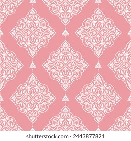 Pink and white luxury vector seamless pattern. Ornament, Traditional, Ethnic, Arabic, Turkish, Indian motifs. Great for fabric and textile, wallpaper, packaging design or any desired idea.