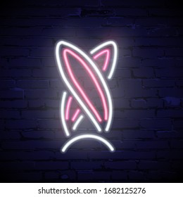 Pink and white neon rabbit ears isolated on dark brick background. Vector illustration