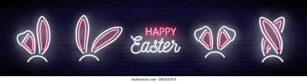 Orejas de conejo de neón rosa y blanco y texto de Pascua feliz aislado en fondo de ladrillo azul oscuro. Ilustración del vector