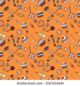 Pink, white and orange color. Vector illustration. Print for bakery. Sweets background design. Seamless pattern hand drawn cupcakes.
