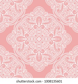 Pink and white ornamental seamless pattern. Vintage, paisley elements. Ornament. Traditional, Ethnic, Turkish, Indian motifs. Great for fabric and textile, wallpaper, packaging or any desired idea