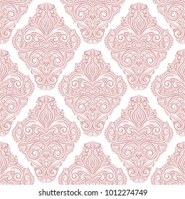Pink and white ornamental seamless pattern. Vintage. Elegant classic texture. Damask, Victorian, Baroque, paisley elements. Great for fabric and textile, wallpaper, packaging or any desired idea.