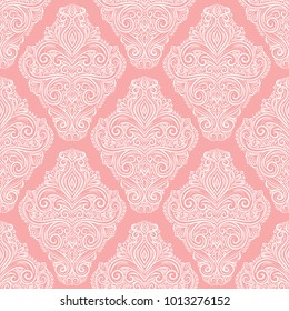 Pink and white ornamental seamless pattern. Vintage. Elegant classic texture. Damask, Victorian, Baroque, paisley elements. Great for fabric and textile, wallpaper, packaging or any desired idea.