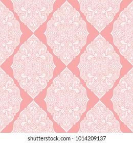 Pink and white ornamental seamless pattern. Vintage, paisley elements. Ornament. Traditional, Ethnic, Turkish, Indian motifs. Great for fabric and textile, wallpaper, packaging or any desired idea