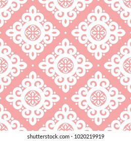 Pink and white ornamental seamless pattern. Vintage. Elegant classic texture. Damask, Victorian, Baroque, paisley elements. Great for fabric and textile, wallpaper, packaging or any desired idea.