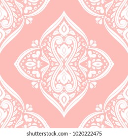 Pink and white ornamental seamless pattern. Vintage, paisley elements. Ornament. Traditional, Ethnic, Turkish, Indian motifs. Great for fabric and textile, wallpaper, packaging or any desired idea