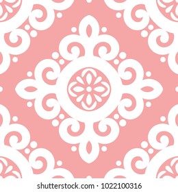 Pink and white ornamental seamless pattern. Vintage. Elegant classic texture. Damask, Victorian, Baroque, paisley elements. Great for fabric and textile, wallpaper, packaging or any desired idea.