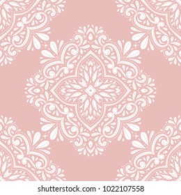 Pink and white ornamental seamless pattern. Vintage, paisley elements. Ornament. Traditional, Ethnic, Turkish, Indian motifs. Great for fabric and textile, wallpaper, packaging or any desired idea