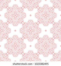 Pink and white ornamental seamless pattern. Vintage, paisley elements. Ornament. Traditional, Ethnic, Turkish, Indian motifs. Great for fabric and textile, wallpaper, packaging or any desired idea