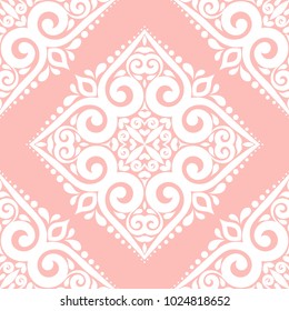 Pink and white ornamental seamless pattern. Vintage, paisley elements. Ornament. Traditional, Ethnic, Turkish, Indian motifs. Great for fabric and textile, wallpaper, packaging or any desired idea