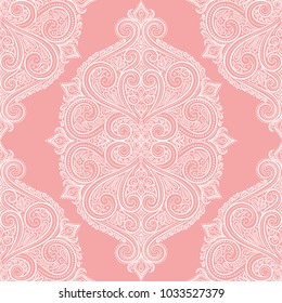 Pink and white ornamental seamless pattern. Vintage, paisley elements. Ornament. Traditional, Ethnic, Turkish, Indian motifs. Great for fabric and textile, wallpaper, packaging or any desired idea