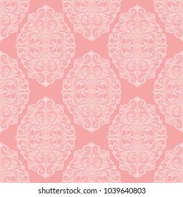 Pink and white ornamental seamless pattern. Vintage, paisley elements. Ornament. Traditional, Ethnic, Turkish, Indian motifs. Great for fabric and textile, wallpaper, packaging or any desired idea
