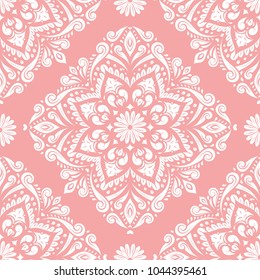 Pink and white ornamental seamless pattern. Vintage, paisley elements. Ornament. Traditional, Ethnic, Turkish, Indian motifs. Great for fabric and textile, wallpaper, packaging or any desired idea