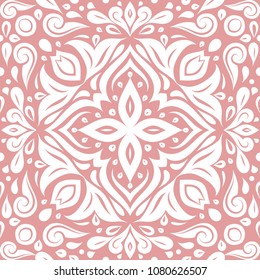 Pink and white ornamental seamless pattern. Vintage, paisley elements. Ornament. Traditional, Ethnic, Turkish, Indian motifs. Great for fabric and textile, wallpaper, packaging or any desired idea. 