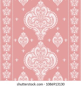 Pink and white ornamental seamless pattern. Vintage, paisley elements. Ornament. Traditional, Ethnic, Turkish, Indian motifs. Great for fabric and textile, wallpaper, packaging or any desired idea. 