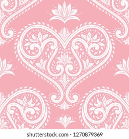 Pink and white ornamental seamless pattern. Vintage vector, paisley elements. Ornament. Traditional, Turkish, Indian motifs. Great for fabric and textile, wallpaper, packaging or any desired idea.