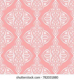 Pink and white ornamental seamless pattern. Vintage, paisley elements. Ornament. Traditional, Ethnic, Turkish, Indian motifs. Great for fabric and textile, wallpaper, packaging or any desired idea. 