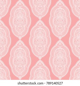 Pink and white ornamental seamless pattern. Vintage, paisley elements. Ornament. Traditional, Ethnic, Turkish, Indian motifs. Great for fabric and textile, wallpaper, packaging or any desired idea. 