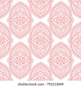 Pink and white ornamental seamless pattern. Vintage, paisley elements. Ornament. Traditional, Ethnic, Turkish, Indian motifs. Great for fabric and textile, wallpaper, packaging or any desired idea. 