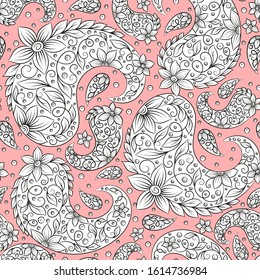 Pink and white paisley seamless pattern. Traditional Turkish, Indian motifs. Great for fabric and textile, wallpaper, packaging or any desired idea.