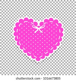 Pink and white paper cut lacing heart sticker with ribbon and polka dots pattern isolated on transparent. Stamp for baby girl, valentines or wedding scrapbook design. Vector illustration, clip art.