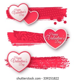 Pink and White Paper Hearts with Watercolor Patterned Strokes. Valentines Greeting Banner. Vector Illustration. Romantic Lovely Frame Design for Mothers Day.