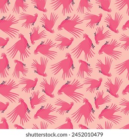 A pink and white pattern of birds flying in the sky. The birds are in various positions and sizes, creating a sense of movement and energy. Scene is playful and whimsical