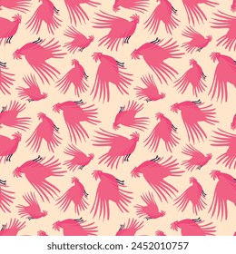 A pink and white pattern of birds flying in the sky. The birds are in various positions and sizes, creating a sense of movement and energy. Scene is playful and whimsical