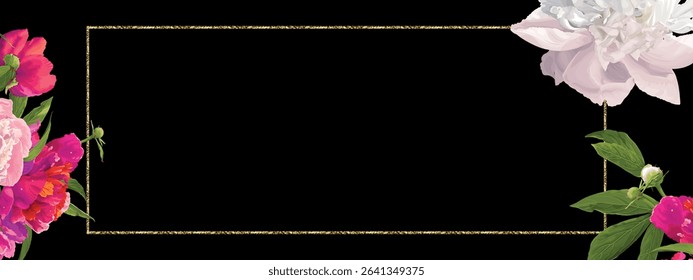 pink and white peonies with green leaves and buds and a golden frame on a  black background.Close-up, isolated.The design element
