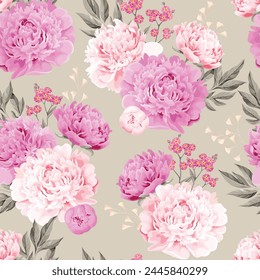 Pink and white peonies seamless background