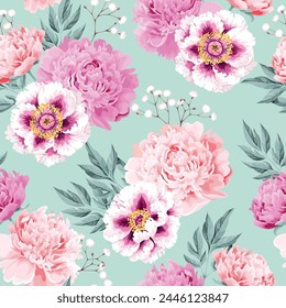 Pink and white peonies seamless background