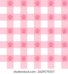 Pink and White Plaid Pattern Featuring Paw Prints - Playful and Cute Design