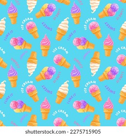 Pink, white and purple ice cream on a blue  background . Seamless pattern on blue background. Texture for fabric, wrapping, wallpaper. Decorative print.