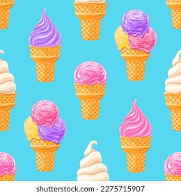 Pink, white and purple ice cream on a blue  background . Seamless pattern on blue background. Texture for fabric, wrapping, wallpaper. Decorative print.