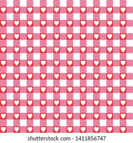 Pink, white and red checkered seamless pattern with hearts